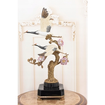 Dwa Żurawie w Locie - Ptaki Kwiaty - Figura Porcelanowa - Porcelana + Brąz