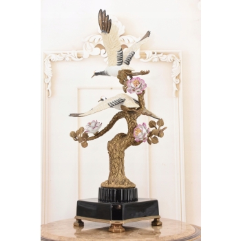 Dwa Żurawie w Locie - Ptaki Kwiaty - Figura Porcelanowa - Porcelana + Brąz
