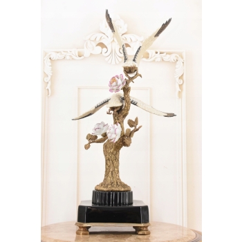 Dwa Żurawie w Locie - Ptaki Kwiaty - Figura Porcelanowa - Porcelana + Brąz