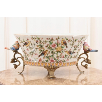 Biała Porcelanowa Patera - Ptaki i Kwiaty - Porcelana + Brąz - Ozdoba