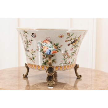 Biała Porcelanowa Patera - Ptaki i Kwiaty - Porcelana + Brąz - Ozdoba