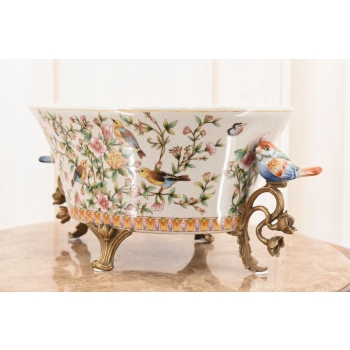 Biała Porcelanowa Patera - Ptaki i Kwiaty - Porcelana + Brąz - Ozdoba