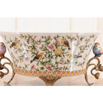 Biała Porcelanowa Patera - Ptaki i Kwiaty - Porcelana + Brąz - Ozdoba