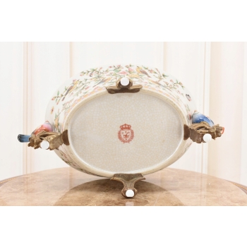 Biała Porcelanowa Patera - Ptaki i Kwiaty - Porcelana + Brąz - Ozdoba