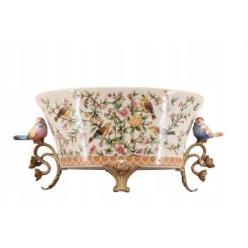 Biała Porcelanowa Patera - Ptaki i Kwiaty - Porcelana + Brąz - Ozdoba