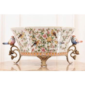 Biała Porcelanowa Patera - Ptaki i Kwiaty - Porcelana + Brąz - Ozdoba