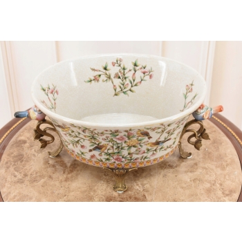 Biała Porcelanowa Patera - Ptaki i Kwiaty - Porcelana + Brąz - Ozdoba