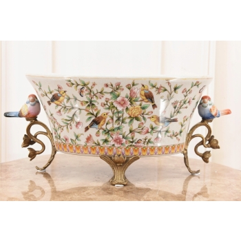 Biała Porcelanowa Patera - Ptaki i Kwiaty - Porcelana + Brąz - Ozdoba