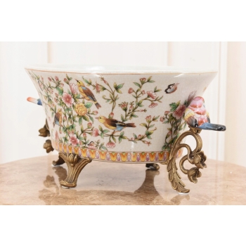 Biała Porcelanowa Patera - Ptaki i Kwiaty - Porcelana + Brąz - Ozdoba