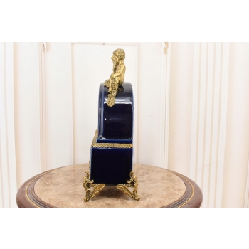 Kobaltowy Zegar Porcelanowy - Bogato Zdobiony - Porcelana + Brąz Kominkowy