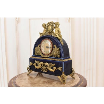 Kobaltowy Zegar Porcelanowy - Bogato Zdobiony - Porcelana + Brąz Kominkowy