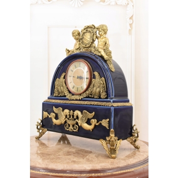 Kobaltowy Zegar Porcelanowy - Bogato Zdobiony - Porcelana + Brąz Kominkowy