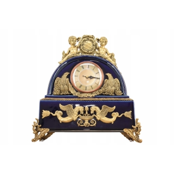 Kobaltowy Zegar Porcelanowy - Bogato Zdobiony - Porcelana + Brąz Kominkowy