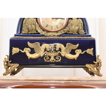 Kobaltowy Zegar Porcelanowy - Bogato Zdobiony - Porcelana + Brąz Kominkowy