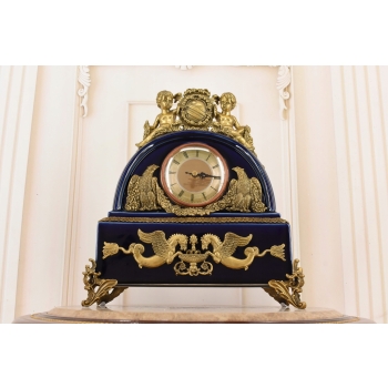 Kobaltowy Zegar Porcelanowy - Bogato Zdobiony - Porcelana + Brąz Kominkowy