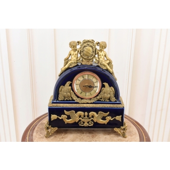 Kobaltowy Zegar Porcelanowy - Bogato Zdobiony - Porcelana + Brąz Kominkowy