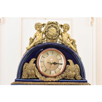 Kobaltowy Zegar Porcelanowy - Bogato Zdobiony - Porcelana + Brąz Kominkowy