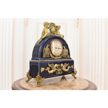 Kobaltowy Zegar Porcelanowy - Bogato Zdobiony - Porcelana + Brąz Kominkowy