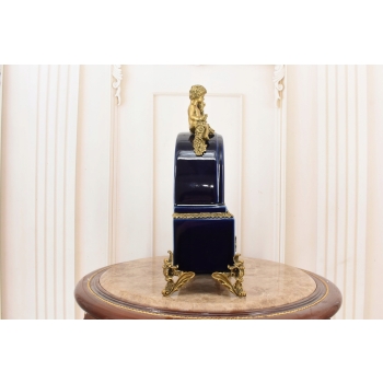 Kobaltowy Zegar Porcelanowy - Bogato Zdobiony - Porcelana + Brąz Kominkowy