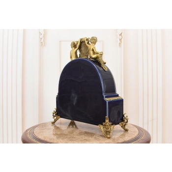 Kobaltowy Zegar Porcelanowy - Bogato Zdobiony - Porcelana + Brąz Kominkowy