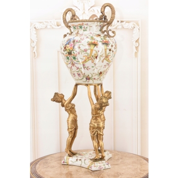 Porcelanowa Amfora - Trzy Nimfy - Puchar Waza - Porcelana + Brąz - Ozdoba