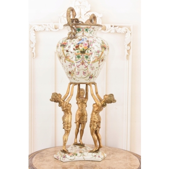 Porcelanowa Amfora - Trzy Nimfy - Puchar Waza - Porcelana + Brąz - Ozdoba