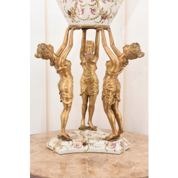 Porcelanowa Amfora - Trzy Nimfy - Puchar Waza - Porcelana + Brąz - Ozdoba