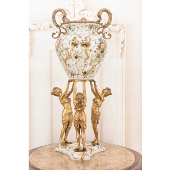Porcelanowa Amfora - Trzy Nimfy - Puchar Waza - Porcelana + Brąz - Ozdoba