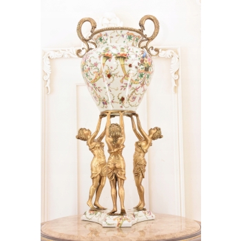Porcelanowa Amfora - Trzy Nimfy - Puchar Waza - Porcelana + Brąz - Ozdoba