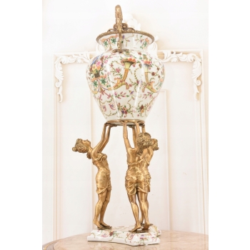 Porcelanowa Amfora - Trzy Nimfy - Puchar Waza - Porcelana + Brąz - Ozdoba