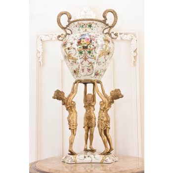 Porcelanowa Amfora - Trzy Nimfy - Puchar Waza - Porcelana + Brąz - Ozdoba
