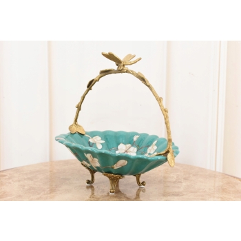 Porcelanowy Niebieski Koszyk - Koszyczek Patera Owocnik - Porcelana + Brąz
