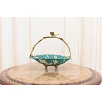 Porcelanowy Niebieski Koszyk - Koszyczek Patera Owocnik - Porcelana + Brąz