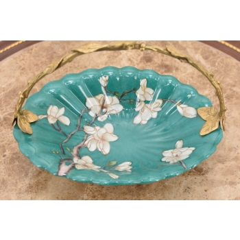 Porcelanowy Niebieski Koszyk - Koszyczek Patera Owocnik - Porcelana + Brąz