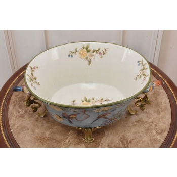 Niebieska Porcelanowa Waza Misa - Kolorowe Ptaki - Sygnowana - Dekoracja