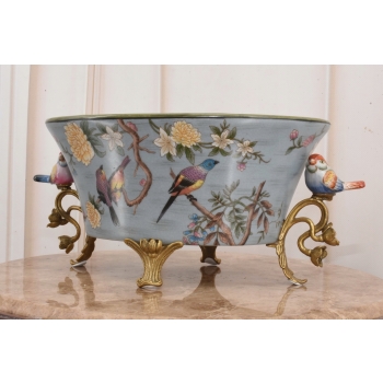 Niebieska Porcelanowa Waza Misa - Kolorowe Ptaki - Sygnowana - Dekoracja