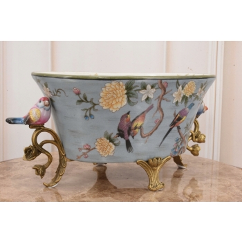 Niebieska Porcelanowa Waza Misa - Kolorowe Ptaki - Sygnowana - Dekoracja