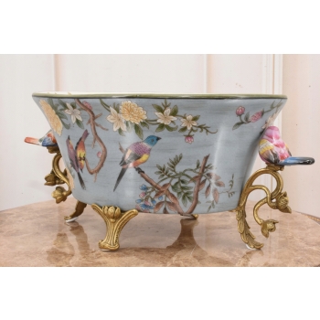Niebieska Porcelanowa Waza Misa - Kolorowe Ptaki - Sygnowana - Dekoracja