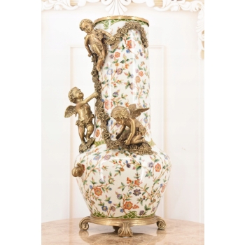 Porcelanowy Wazon Trzy Anioły - Amory Kwiaty - Amfora Puchar Porcelana Brąz