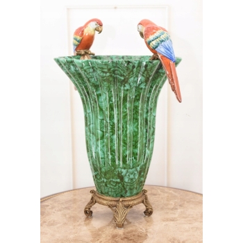 Malachitowy Porcelanowy Wazon - Kolorowe Papugi - Amfora - Porcelana Brąz