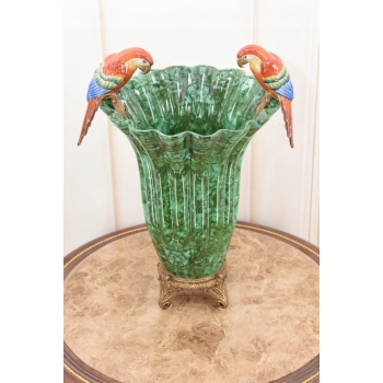 Malachitowy Porcelanowy Wazon - Kolorowe Papugi - Amfora - Porcelana Brąz