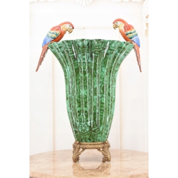 Malachitowy Porcelanowy Wazon - Kolorowe Papugi - Amfora - Porcelana Brąz