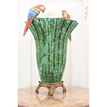 Malachitowy Porcelanowy Wazon - Kolorowe Papugi - Amfora - Porcelana Brąz