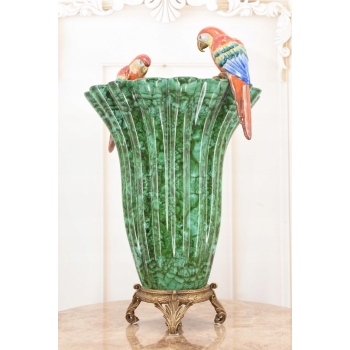 Malachitowy Porcelanowy Wazon - Kolorowe Papugi - Amfora - Porcelana Brąz