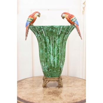 Malachitowy Porcelanowy Wazon - Kolorowe Papugi - Amfora - Porcelana Brąz