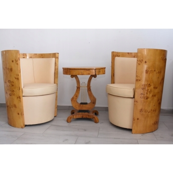 Komplet Mebli Art Deco - 2x Krzesło Fotel + Stolik Harfa - Gięte Drewno