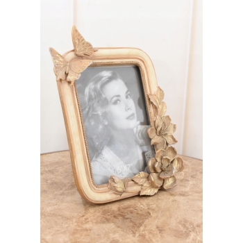 Złota Ramka na Zdjęcia Art Deco - Obraz - Prezent Ślub - Motyl Kwiaty