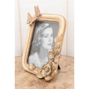 Złota Ramka na Zdjęcia Art Deco - Obraz - Prezent Ślub - Motyl Kwiaty