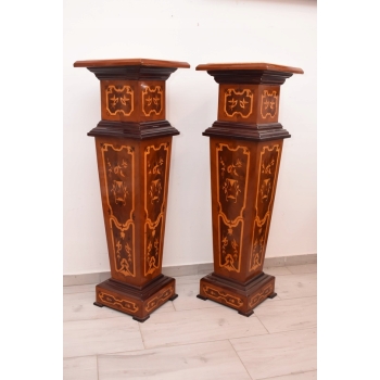Dwa Postumenty Intarsjowane - Kolumny - Stojące Piedestały - Blat z Marmuru