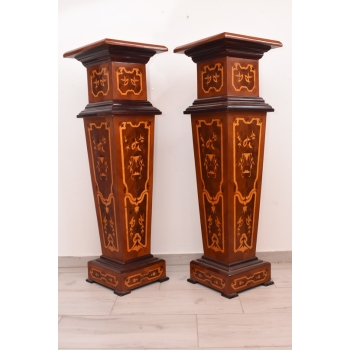 Dwa Postumenty Intarsjowane - Kolumny - Stojące Piedestały - Blat z Marmuru